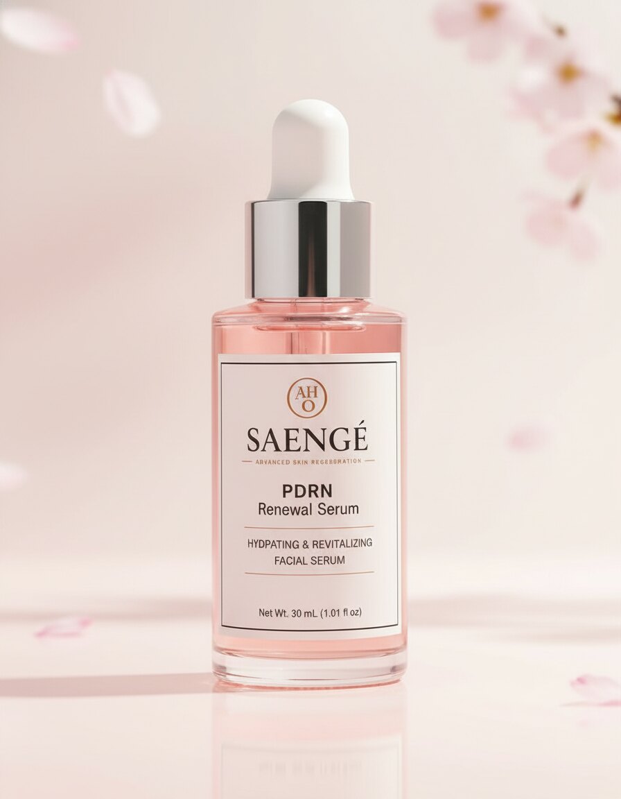 Frasco de SAENGÉ PDRN Renewal Serum sobre fondo blush con pétalos de sakura