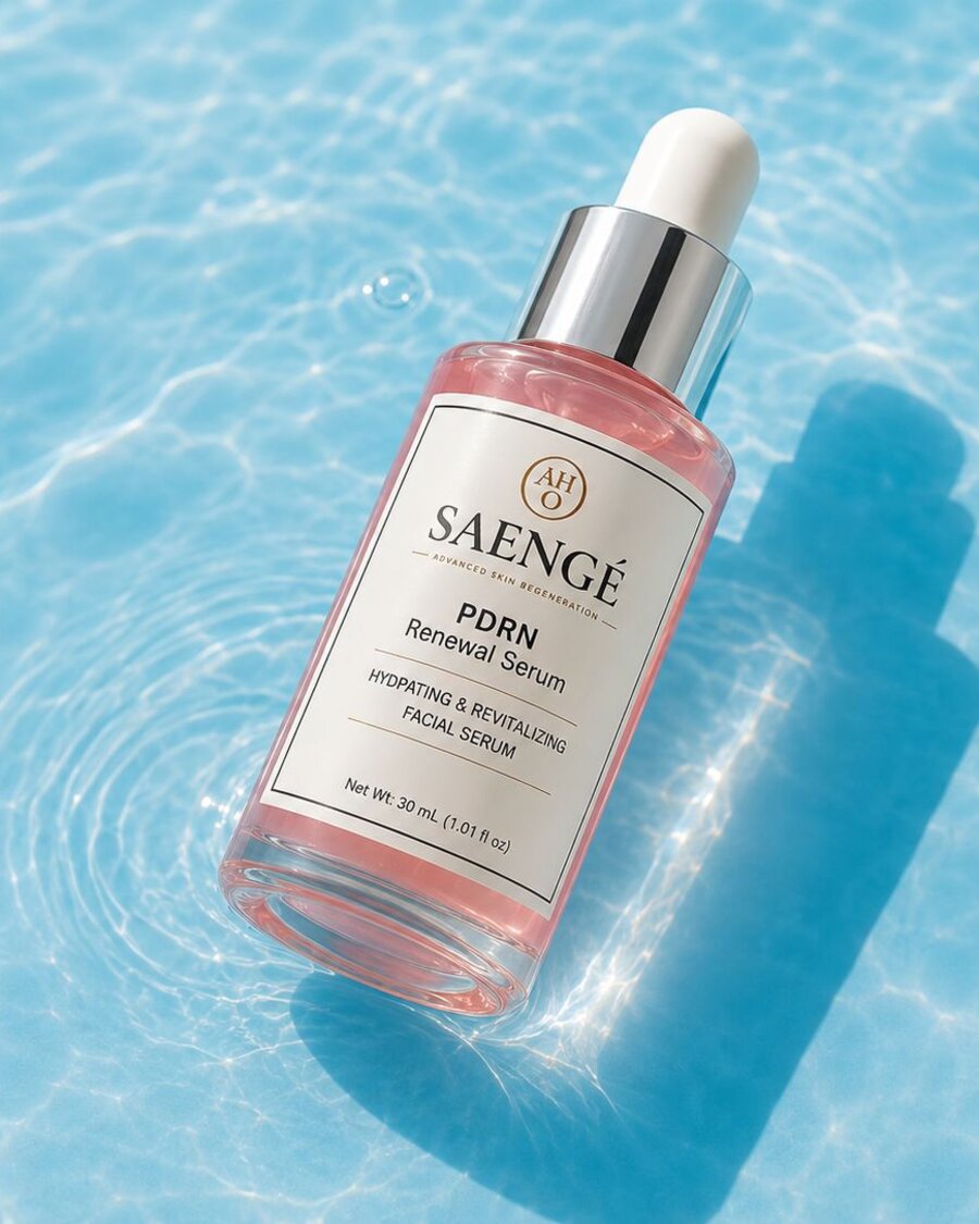 SAENGÉ PDRN Renewal Serum, frasco de 30 mL sobre agua
